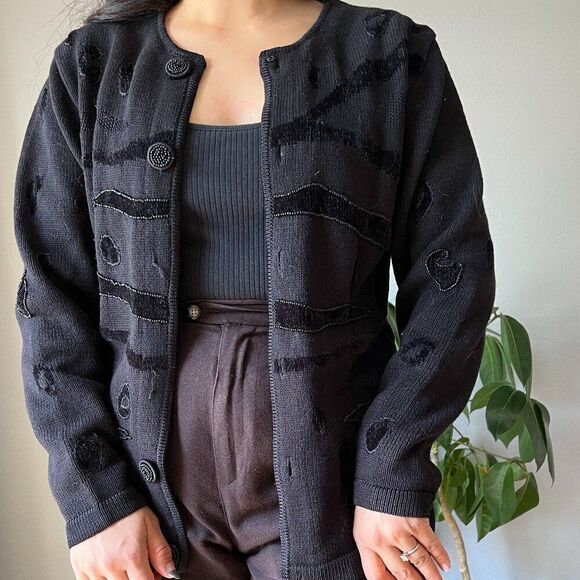 vtg black beaded long sleeve cardigan sweater designer Jack B quick Medium - Picture 7 of 8